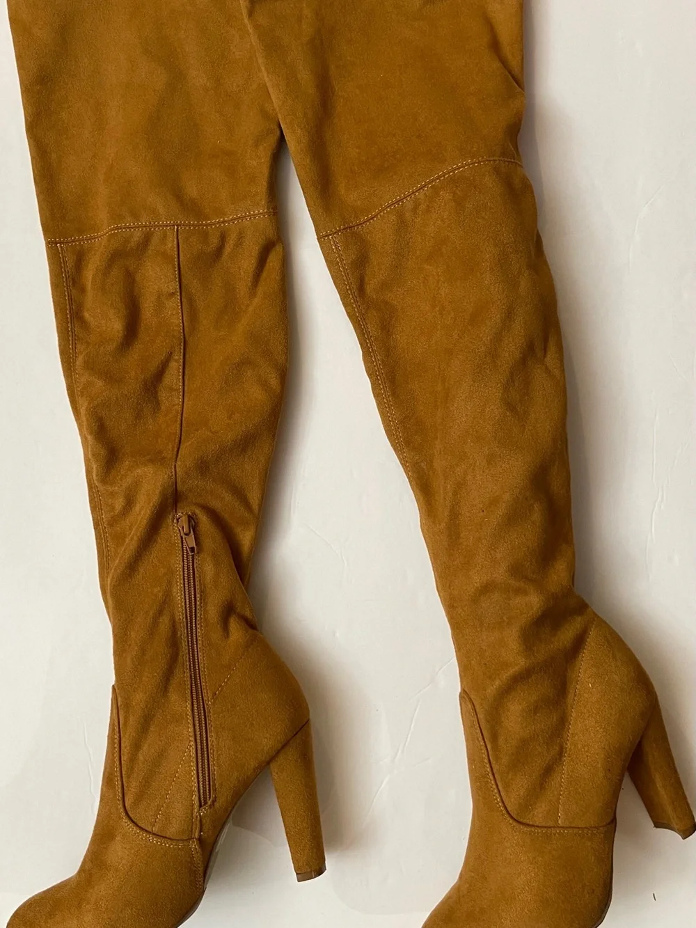 Camel Faux Suede Over The Knee Block Heel Boots Lace Back OTK Boots